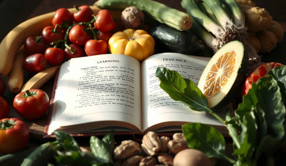 Libro abierto con alimentos saludables y luz natural, simbolizando aprendizaje y bienestar