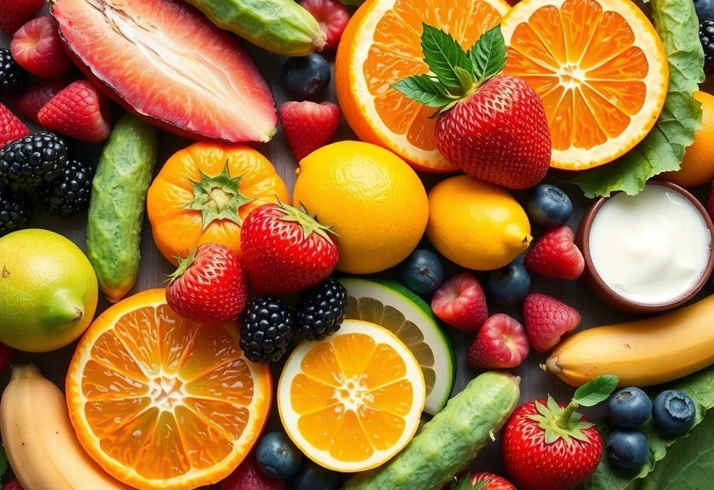 Variedad de frutas y verduras coloridas que simbolizan vitaminas y energía