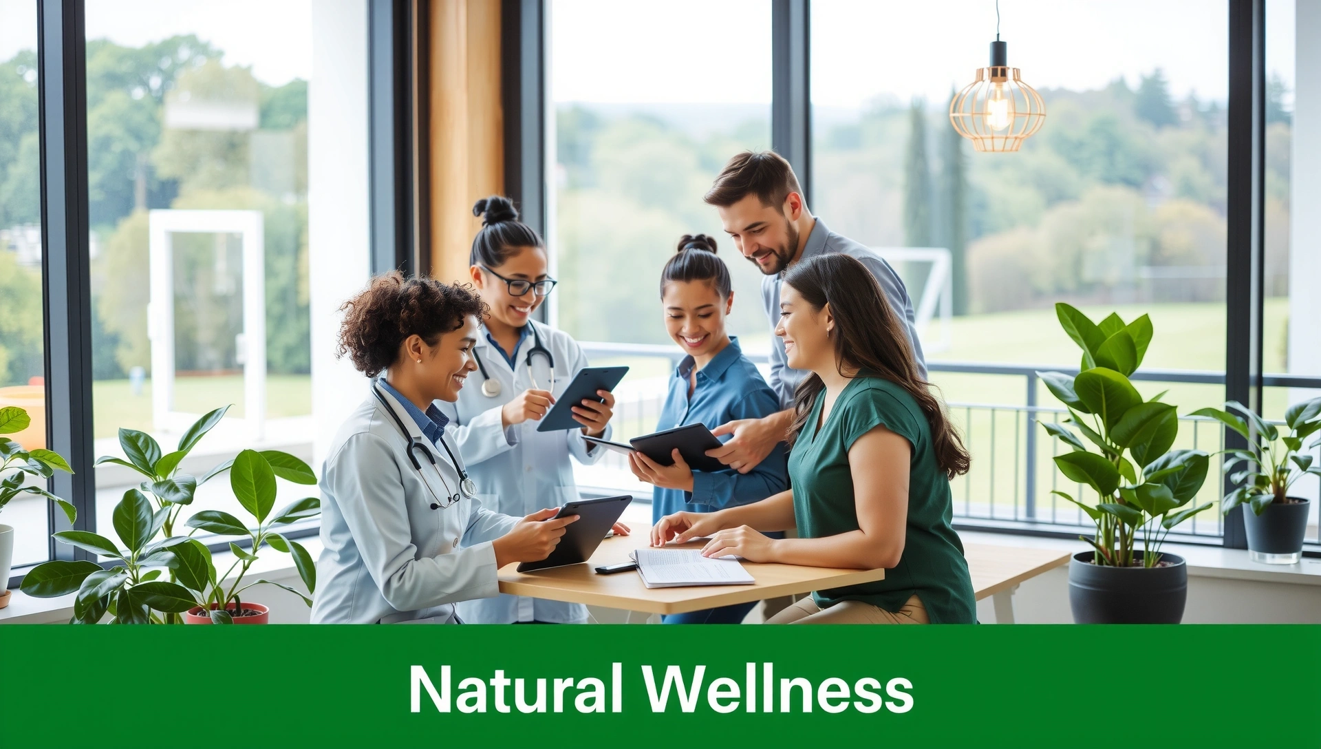 Equipo de Saludmalagalariosc colaborando en una oficina moderna y luminosa con elementos naturales