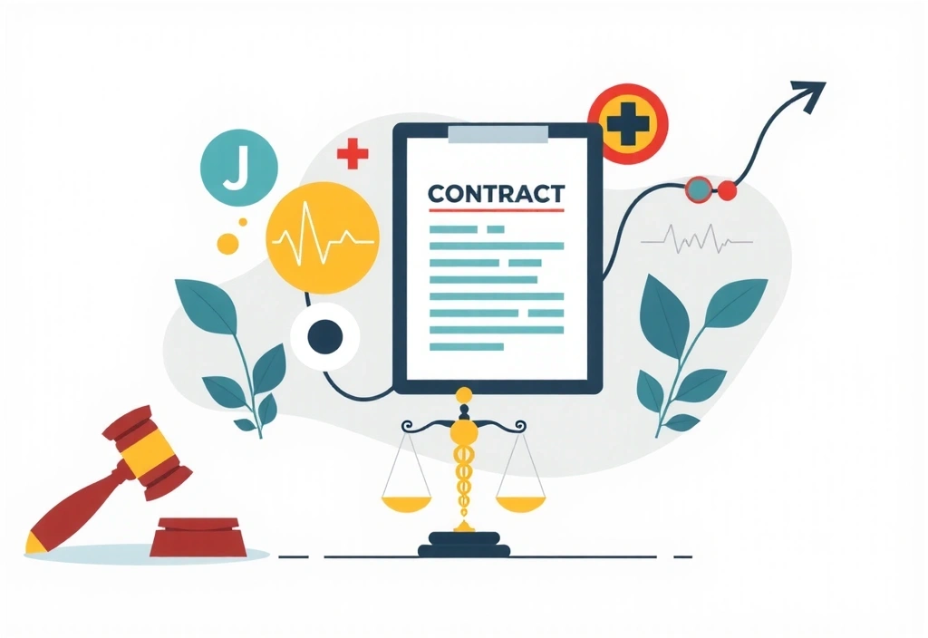 Ilustración abstracta de un contrato digital y una balanza, simbolizando justicia y acuerdos en el ámbito de la salud.